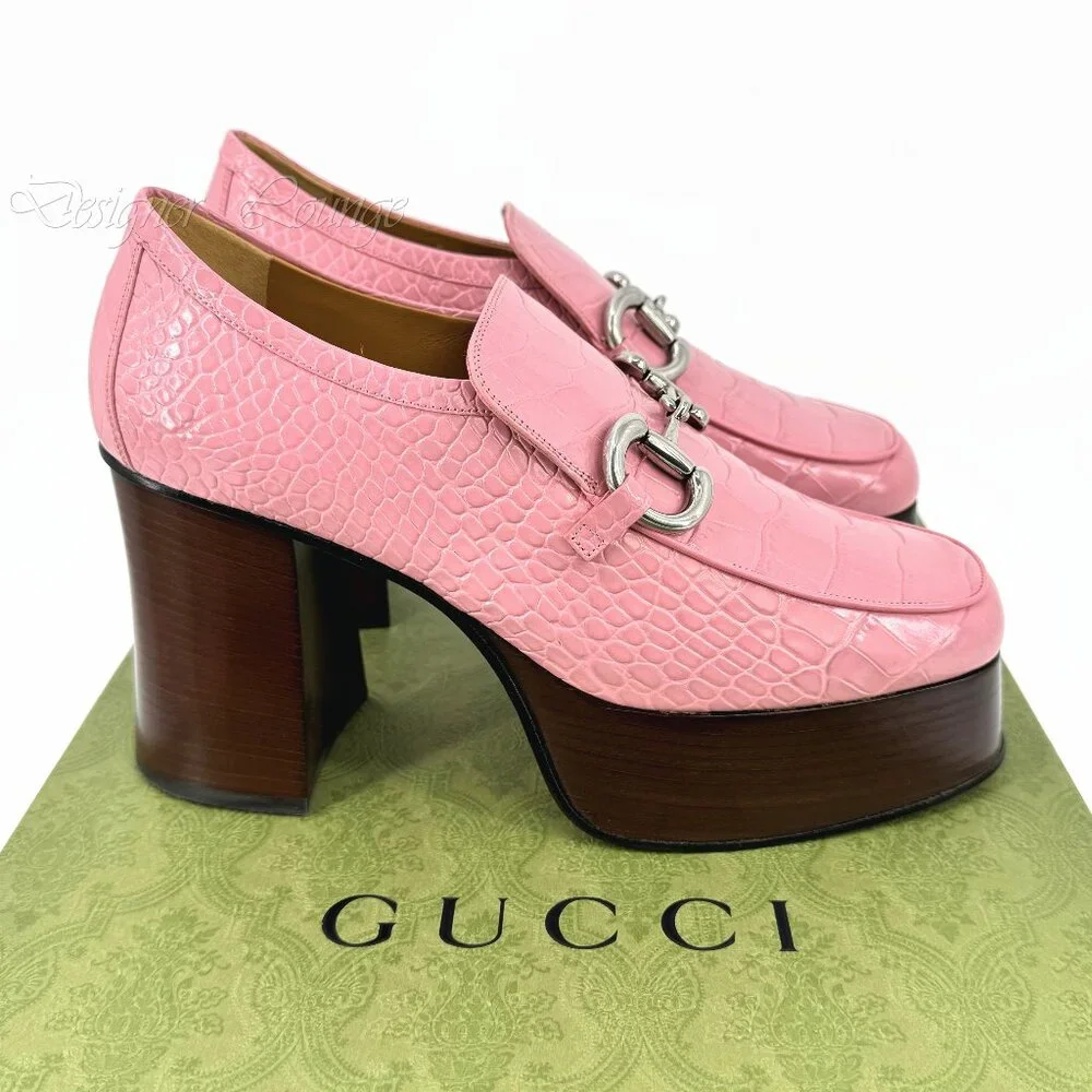 NEW GUCCI Horsebit Pink Croc Embossed Leather Platform Loafers EU 40.5 US 10.5